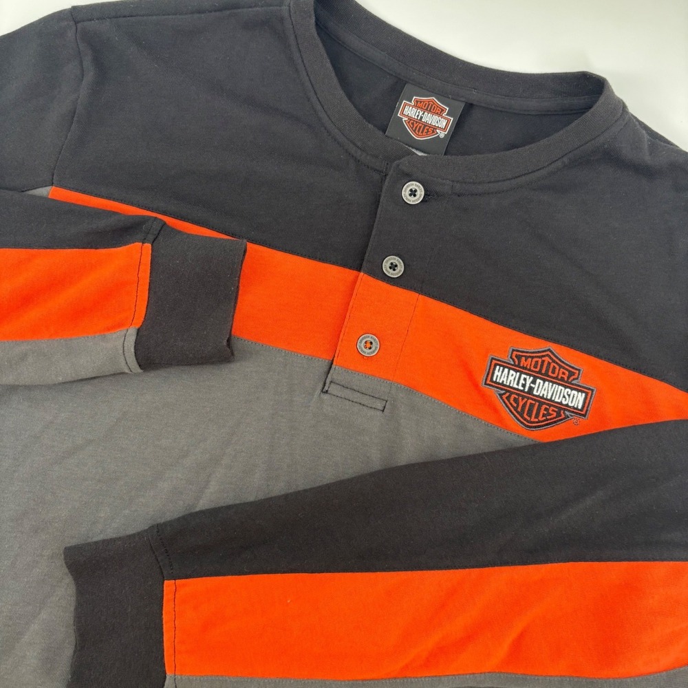 Harley-Davidson Henley Shirt Mens Medium Black Orange Colorblock Bumpus TN HHG5
